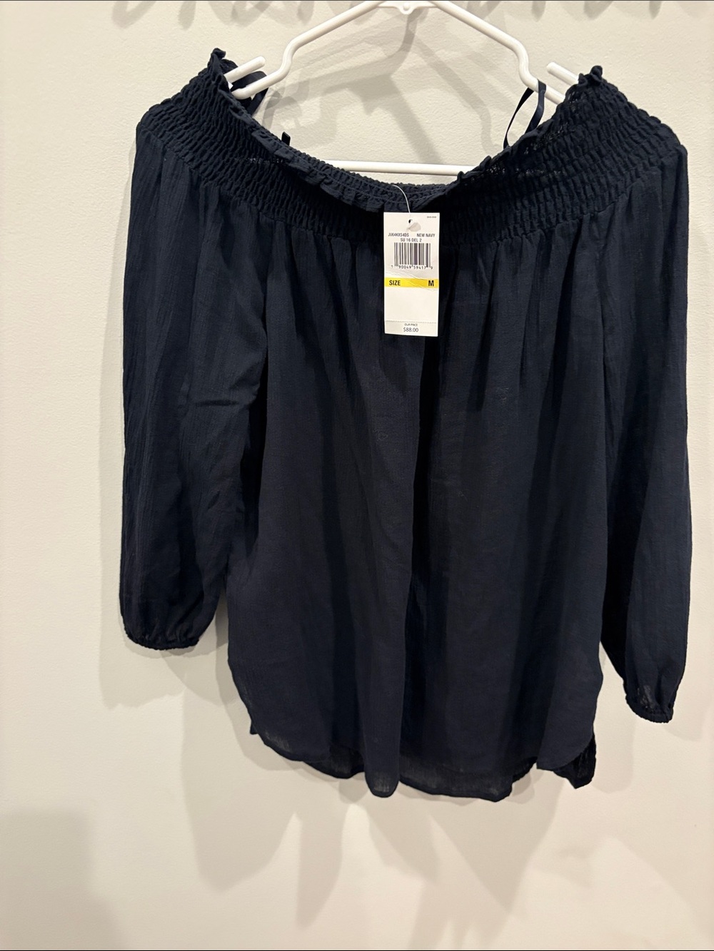 MICHAEL Michael Kors Navy blue sheer Off-Shoulder Smocked Neck Blouse